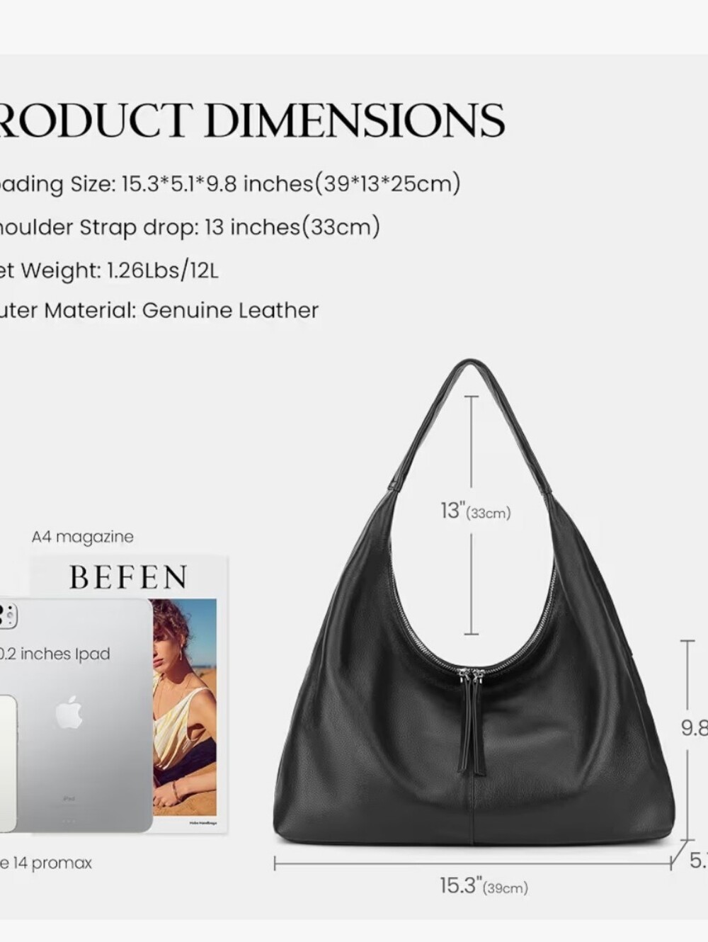 Classic Black Genuine Leather Slouchy Hobo Shoulder Bag - Women's Super Soft ! - Picture 6 of 13
